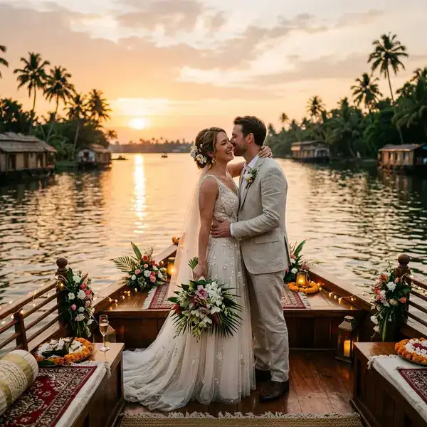 Couple on Kerala Houseboat at Sunset
