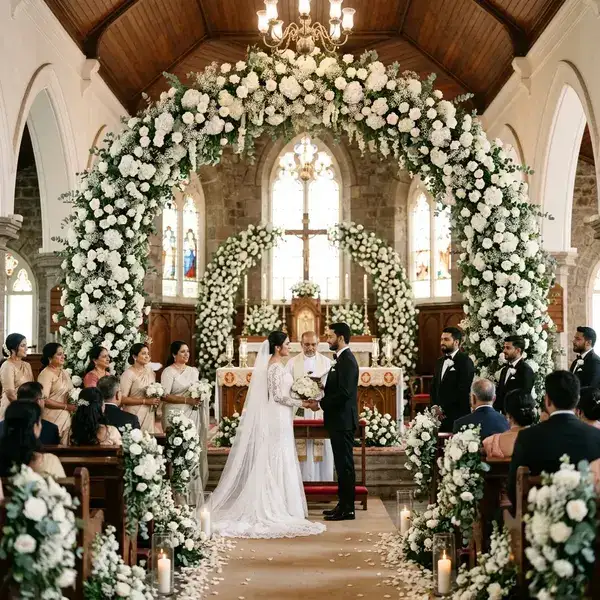Christian Church Wedding with White Floral Arch