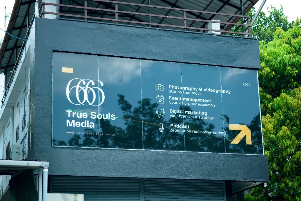 True Souls Media modern glass facade highlighting Photography, Event Management, Digital Marketing, and Podcast